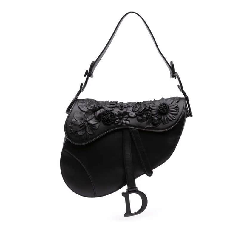 Dior Ultramatte Calfskin 3D Floral Saddle Bag Black Leather Good condition - Front View