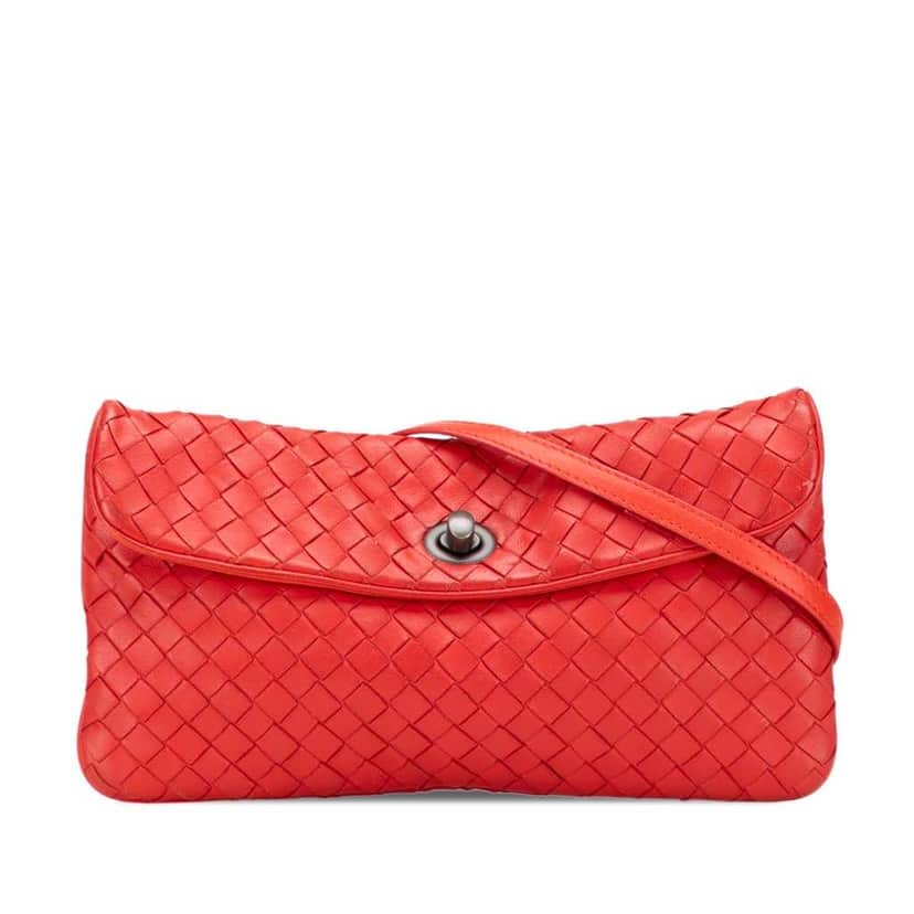 Bottega Veneta Mini Nappa Intrecciato Turn Lock Crossbody Red Leather Good condition - Front View