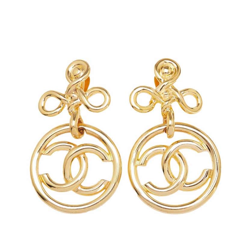 Chanel Gold Plated CC Drop Clip On Earrings Gold Metal Good condition - Front View