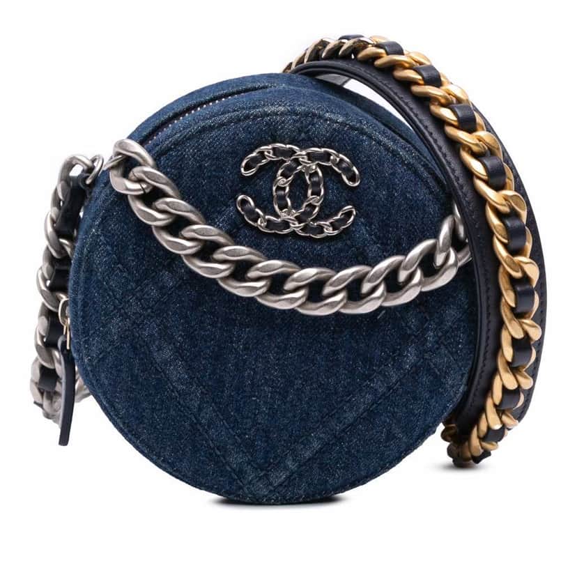 Chanel Denim 19 Round Clutch with Chain Blue Denim Very good condition - Front View