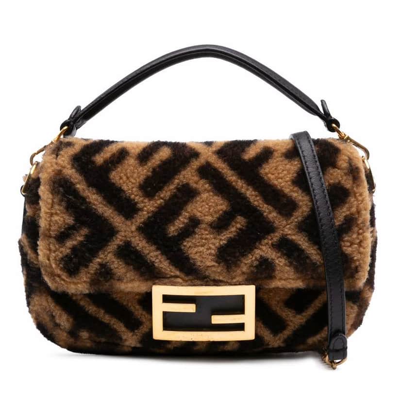 Fendi Mini Zucca Shearling Chain Baguette Satchel Brown Good condition - Front View