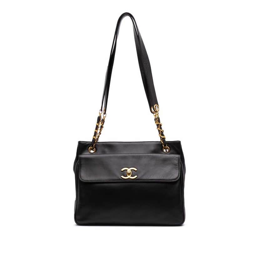 Chanel CC Lambskin Front Pocket Tote Black Leather Good condition - Front View