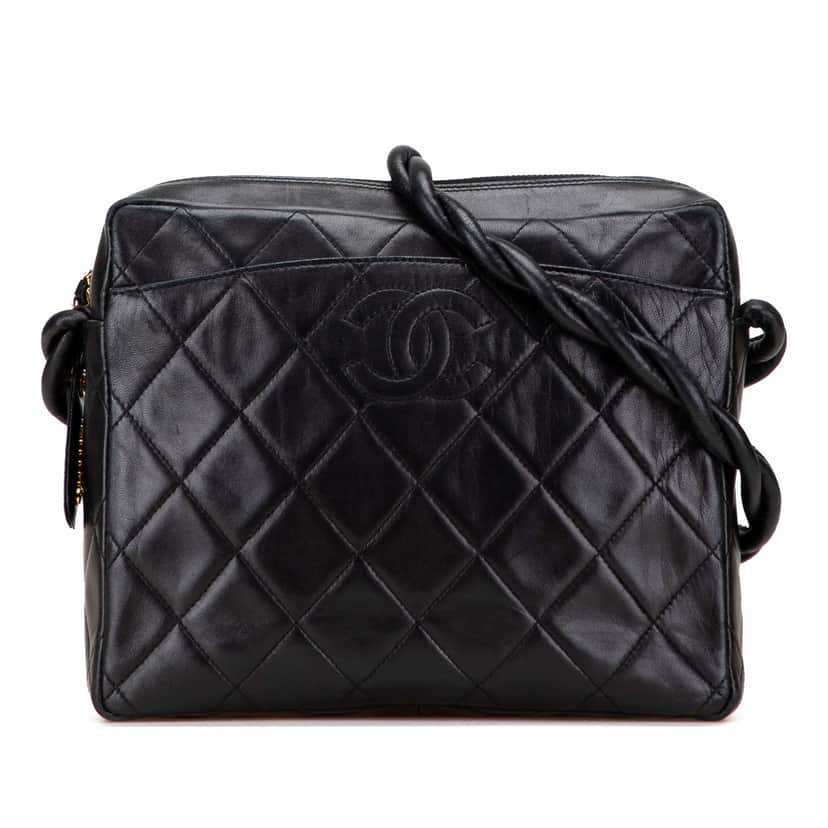 Chanel CC Quilted Lambskin Twisted Strap Crossbody Black Leather Good condition - Front View