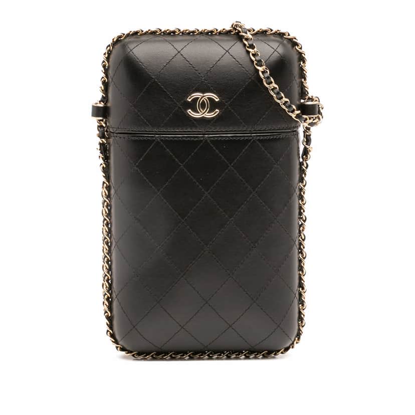 Chanel CC Quilted Lambskin Chain Around Phone Holder Black Leather Good condition - Front View