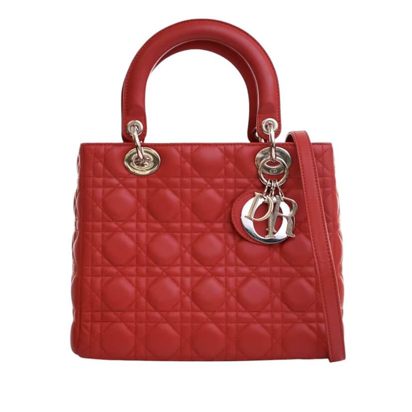 Dior Medium Lambskin Cannage Lady Dior Red Leather Good condition - Front View
