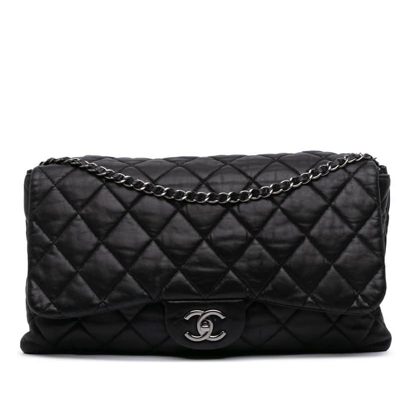 Chanel Maxi Quilted Lambskin 3 Flap Black Leather Good condition - Front View