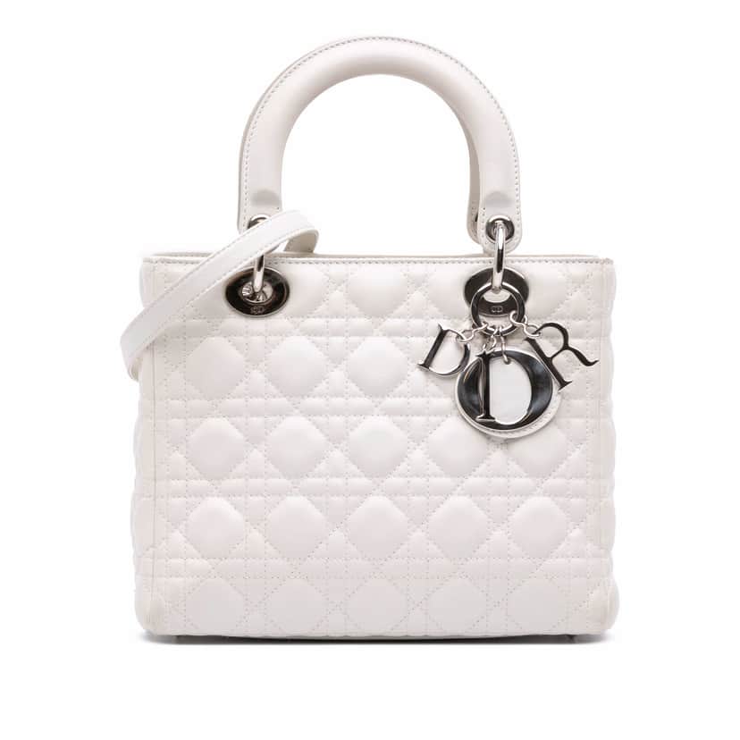 Dior Medium Lambskin Cannage Lady Dior White Leather Good condition - Front View