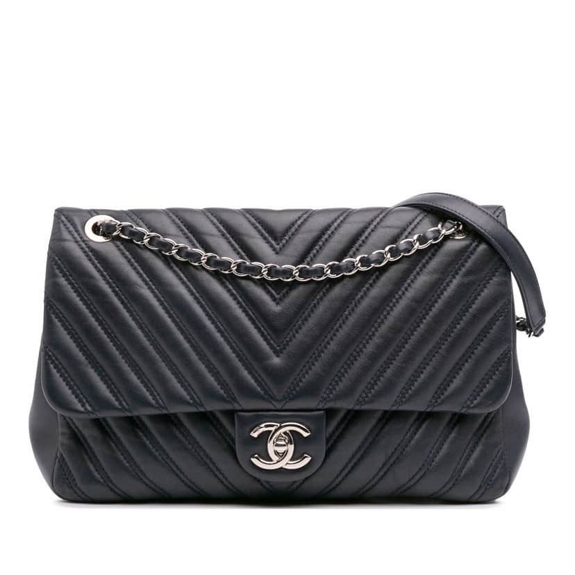 Chanel Jumbo Double Stitch Chevron Lambskin Single Flap Blue Leather Good condition - Front View