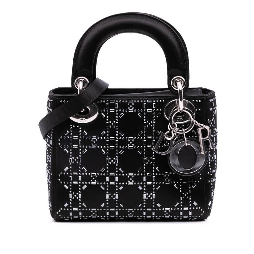 Dior Mini Satin Cannage Strass Crystal Embellished Lady Dior Black Satin Good condition - Front View