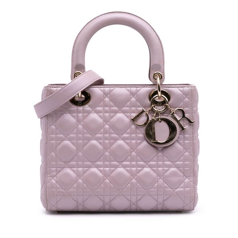 Dior Medium Pearlescent Lambskin Cannage Lady Dior Pink Leather Good condition - Front View