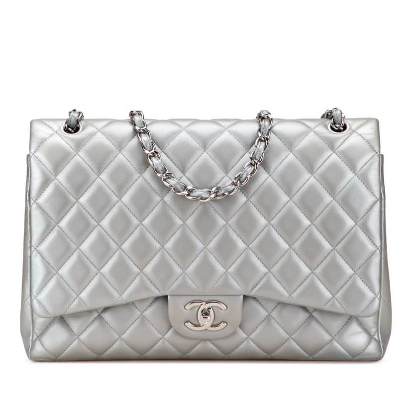 Chanel Maxi Classic Lambskin Double Flap Silver Leather Good condition - Front View