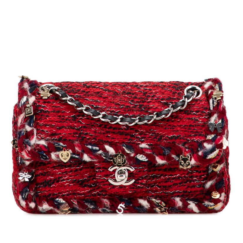 Chanel Small Classic Tweed Charm Double Flap Red Tweed Good condition - Front View