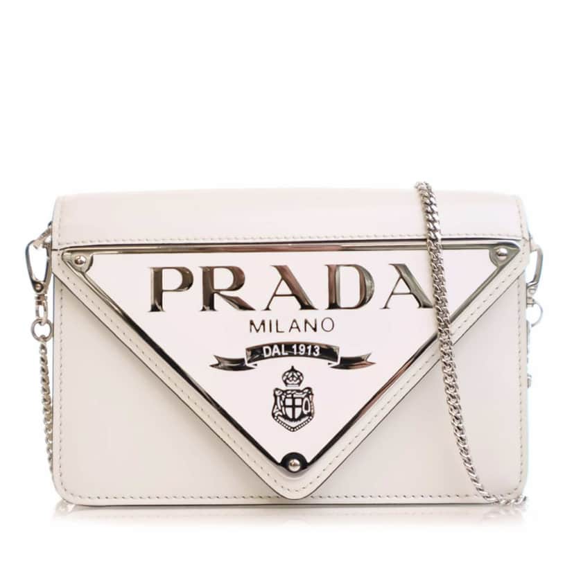 Prada Spazzolato Triangle Logo Plate Flap Chain Crossbody White Leather Good condition - Front View