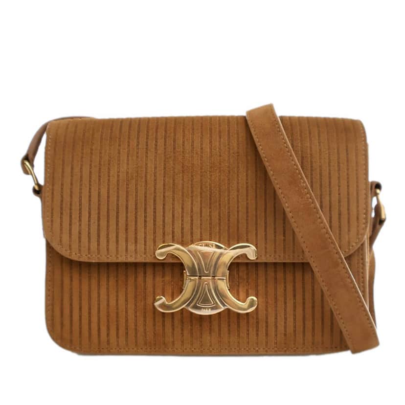 Celine Teen Striped Suede Triomphe Crossbody Brown Leather Good condition - Front View
