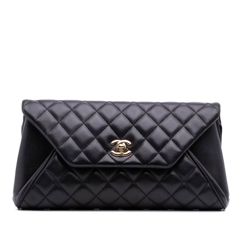 Chanel Quilted Lambskin Fold Up Again Clutch Black Leather Good condition - Front View