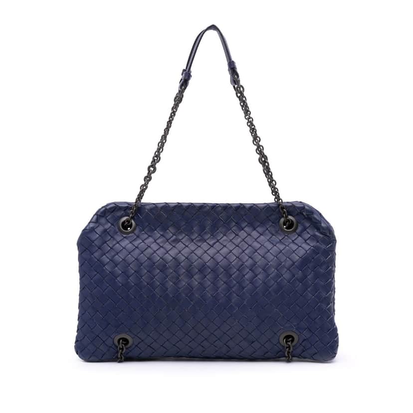 Bottega Veneta Nappa Intrecciato Duo Shoulder Bag Blue Leather Good condition - Front View