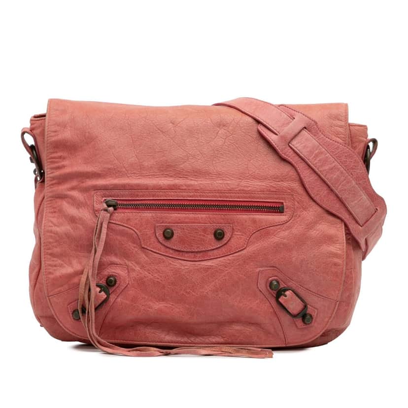 Balenciaga Lambskin Motocross Classic Folk Messenger Bag Pink Leather Good condition - Front View