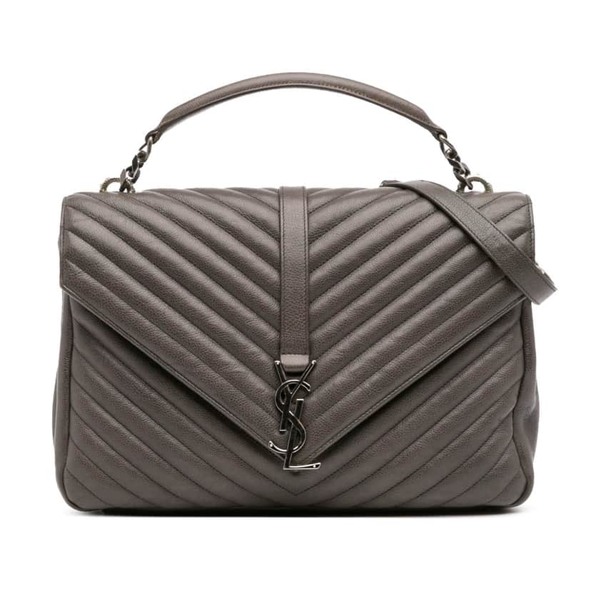 Saint Laurent Large Chevron Sheepskin Monogram College Bag Grey Leather Good condition - Front View