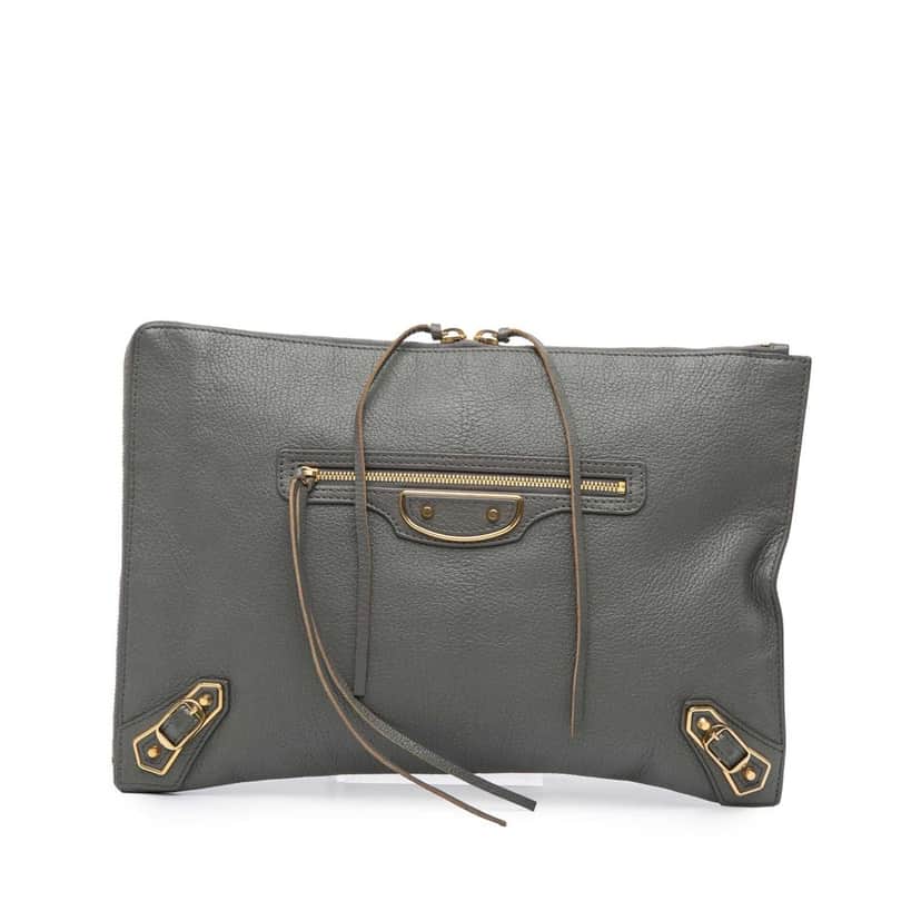 Balenciaga Lambskin Motocross Metallic Edge Flat Clutch Grey Leather Good condition - Front View