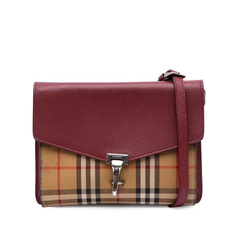 Burberry Small Leather and House Check Canvas Derby Macken Crossbody Red Leather Good condition - Front View