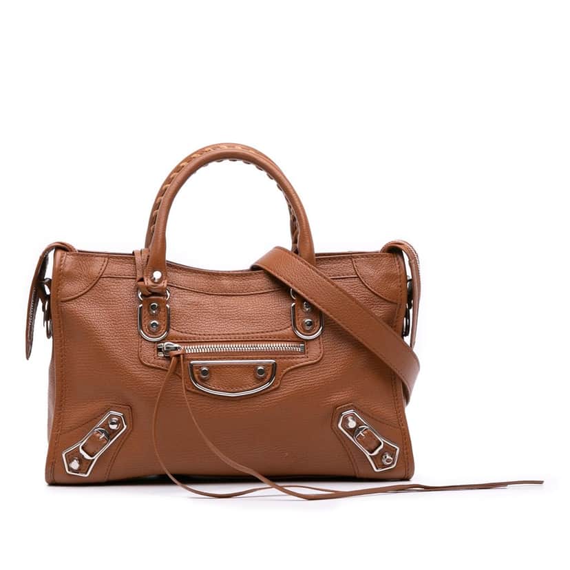 Balenciaga Small Chevre Motocross Classic Metallic Edge City Satchel Brown Leather Good condition - Front View