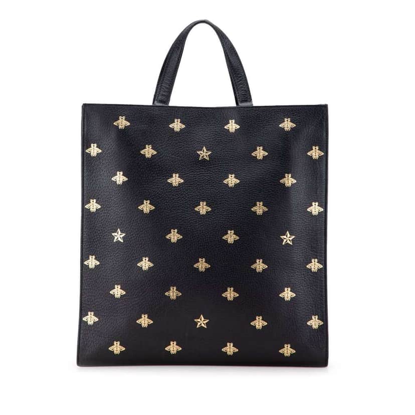 Gucci Grained Calfskin Bee Star Vertical Tote Black Leather Good condition - Front View