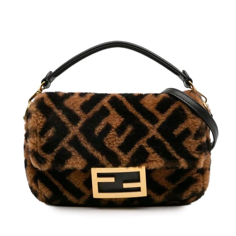 Fendi Mini Zucca Shearling Chain Baguette Satchel Brown Good condition - Front View