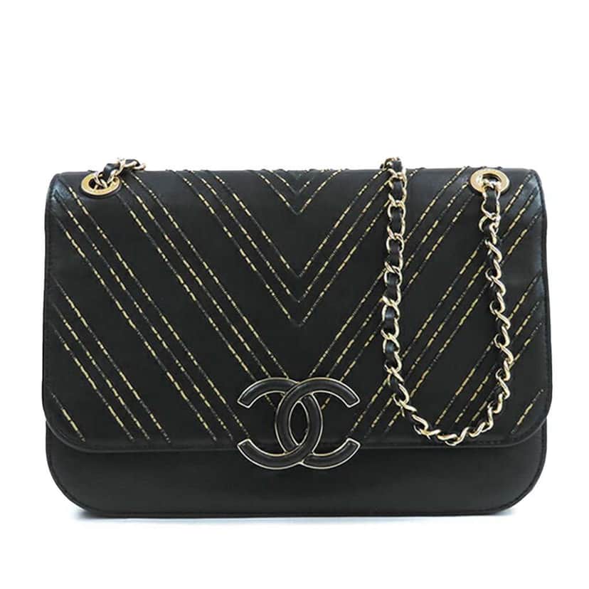 Chanel CC Chevron Sheepskin Chain Subtle Flap Black Leather Good condition - Front View