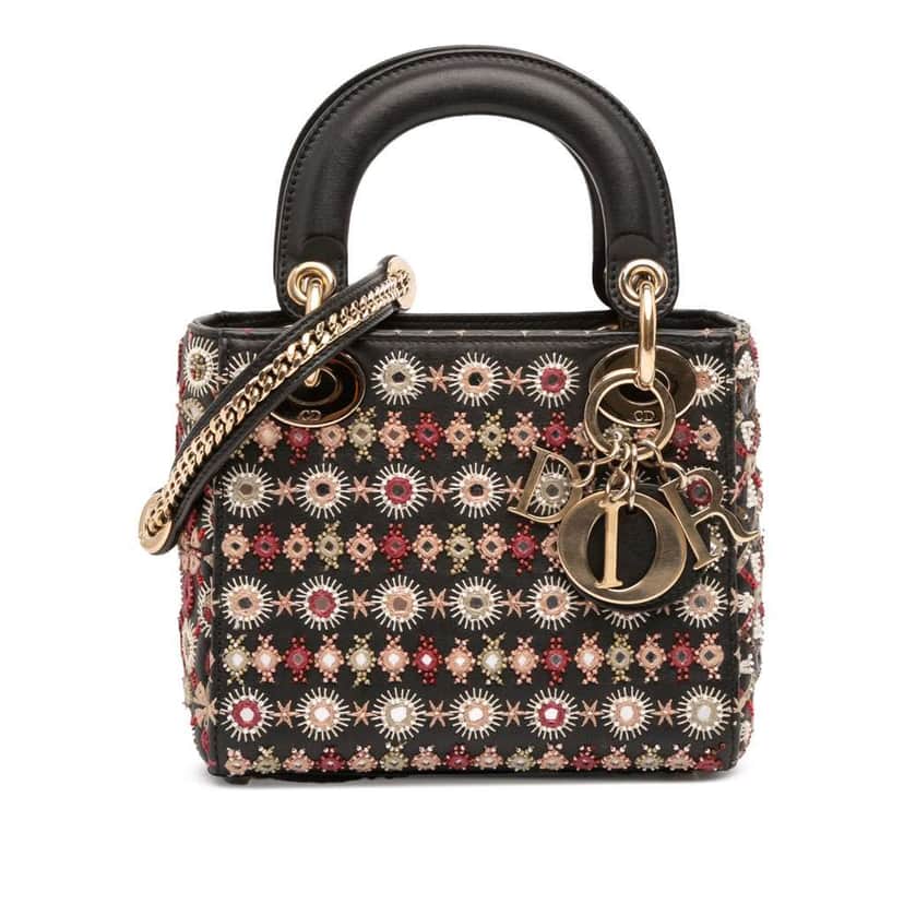 Dior Mini Calfskin Beaded Embroidered Lady Dior Black Leather Good condition - Front View