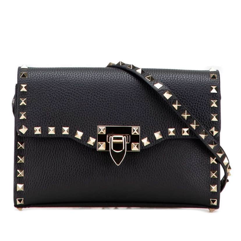 Valentino Medium Pebbled Calfskin Rockstud Flip Lock Crossbody Black Leather Good condition - Front View