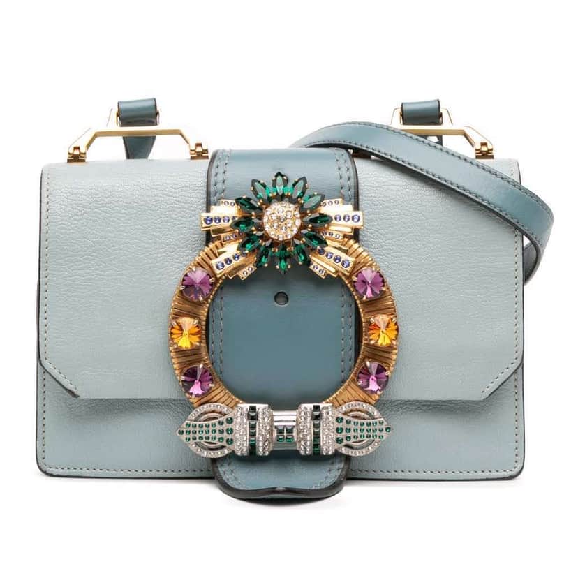 Miu Miu Goatskin Madras Soft Calf Crystal Embellished Crossbody Blue Leather Good condition - Front View