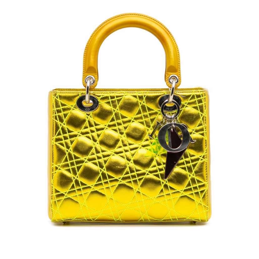Dior Anselm Reyle Medium Metallic Lambskin Cannage Lady Dior Yellow Leather Good condition - Front View