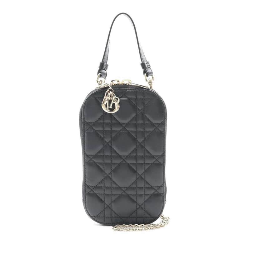 Dior Lambskin Cannage Lady Dior Call In Phone Holder Black Leather Good condition - Front View
