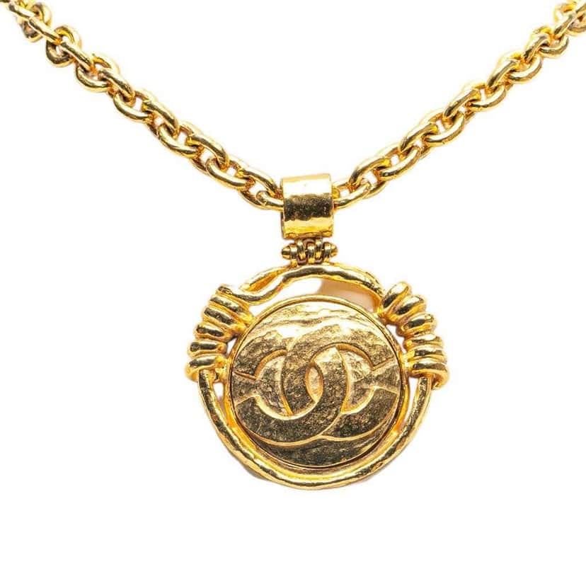 Chanel Gold Plated CC Round Mirror Pendant Necklace Gold Metal Good condition - Front View