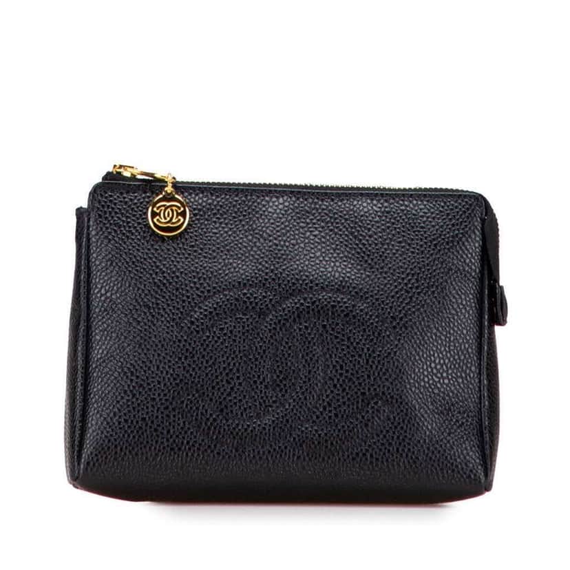 Chanel CC Caviar Cosmetic Pouch Black Leather Good condition - Front View