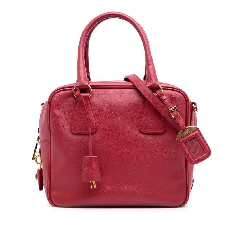 Prada Saffiano Lux Convertible Bowler Bag Red Leather Good condition - Front View
