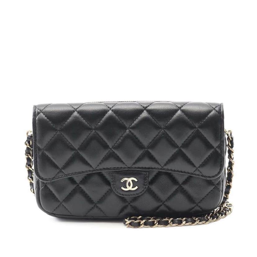 Chanel CC Quilted Lambskin Flap Phone Holder Wallet on Chain Black Leather Good condition - Front View