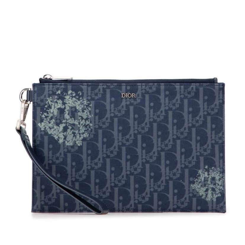 Dior Oblique Denim Tears A5 Flat Pouch Blue Denim Very good condition - Front View
