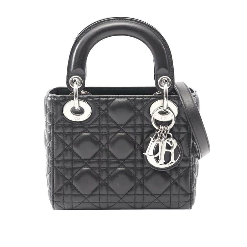 Dior Mini Lambskin Cannage Lady Dior Black Leather Good condition - Front View