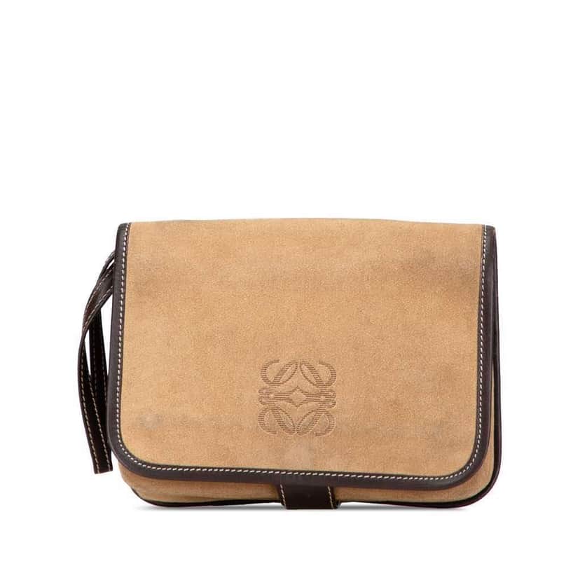 Loewe Suede Anagram Clutch Brown Leather Good condition - Front View