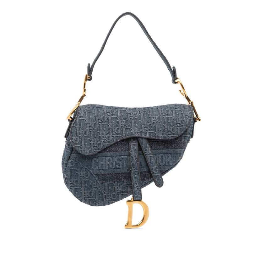 Dior Oblique Denim Embroidered Saddle Bag Blue Denim Good condition - Front View