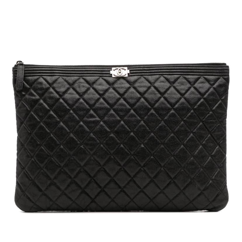 Chanel Large Quilted Caviar Boy O Case Clutch Black Leather Good condition - Front View