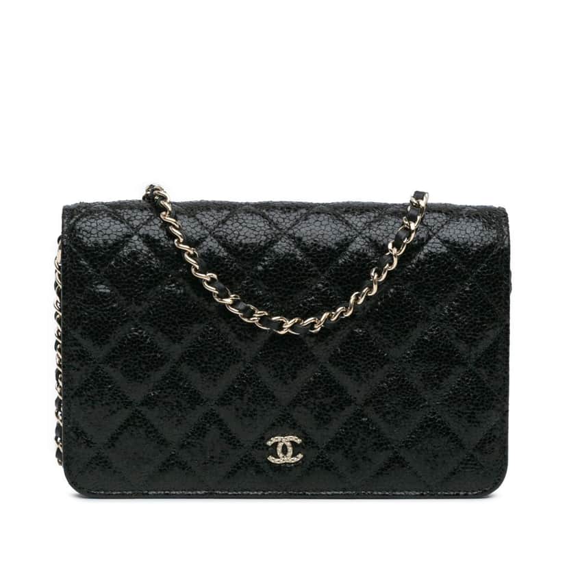 Chanel Quilted Crackled Patent Calfskin Pearl Wallet On Chain Black Leather Good condition - Front View