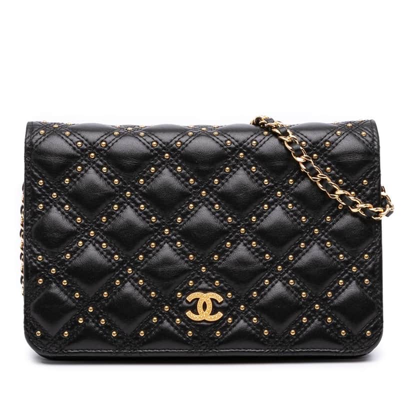 Chanel Lambskin Studded Diamond Stitch Wallet On Chain Black Leather Good condition - Front View