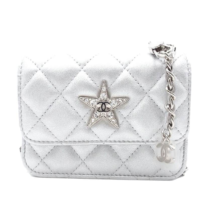 Chanel Quilted Metallic Lambskin Crystal Star Chain Flap Silver Leather Good condition - Front View