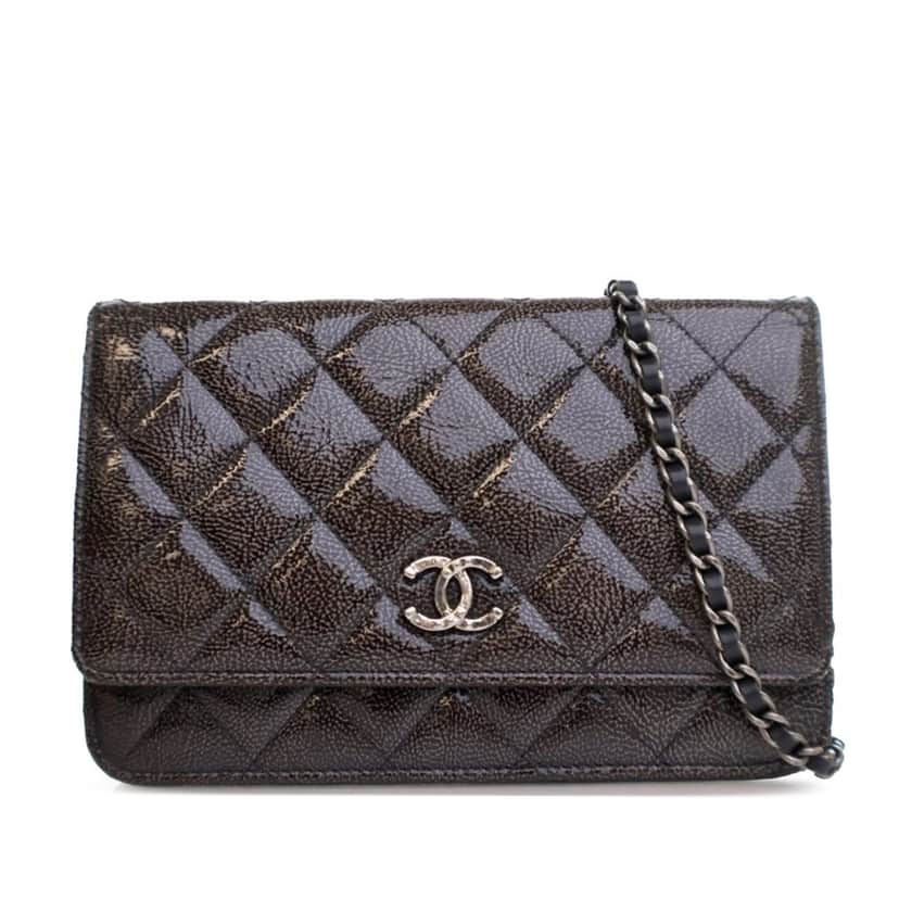 Chanel CC Quilted Shiny Crumpled Calfskin Wallet on Chain Brown Leather Good condition - Front View