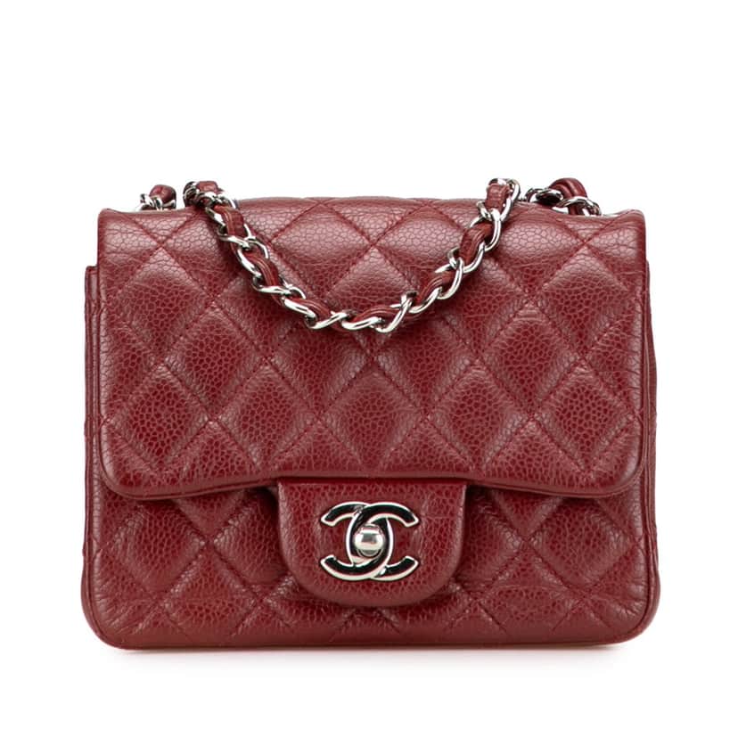 Chanel Mini Square Classic Caviar Single Flap Red Leather Good condition - Front View