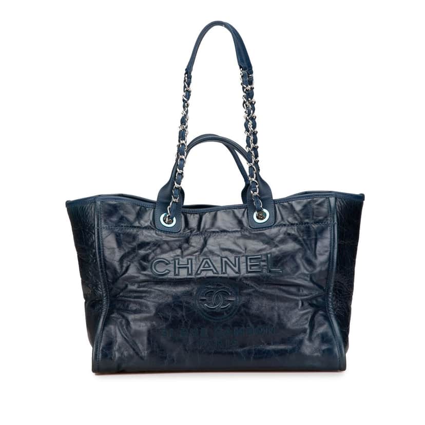 Chanel Medium Glazed Calfskin and Caviar Deauville Tote Blue Leather Good condition - Front View