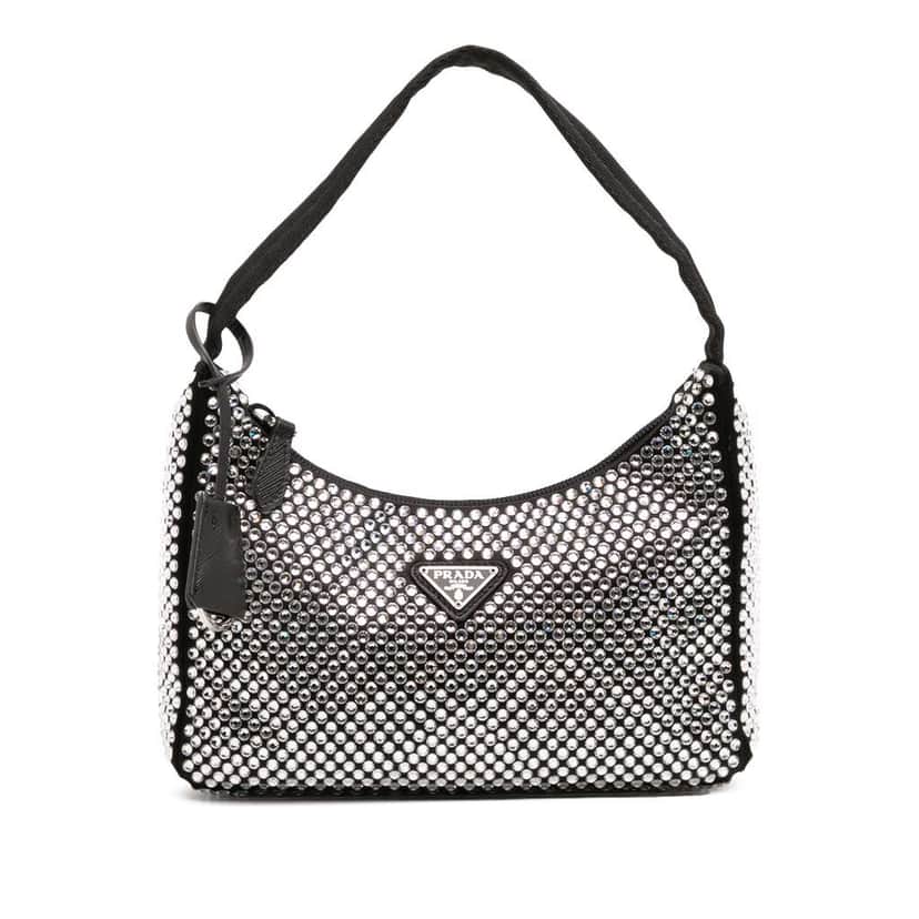 Prada Mini Satin Crystal Re Edition 2000 Shoulder Bag Black Satin Good condition - Front View