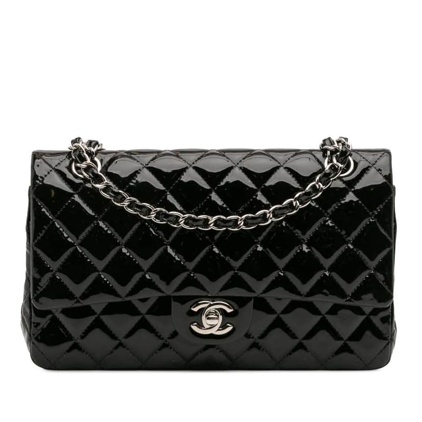Chanel Medium Classic Patent Double Flap Black Leather Good condition - Front View